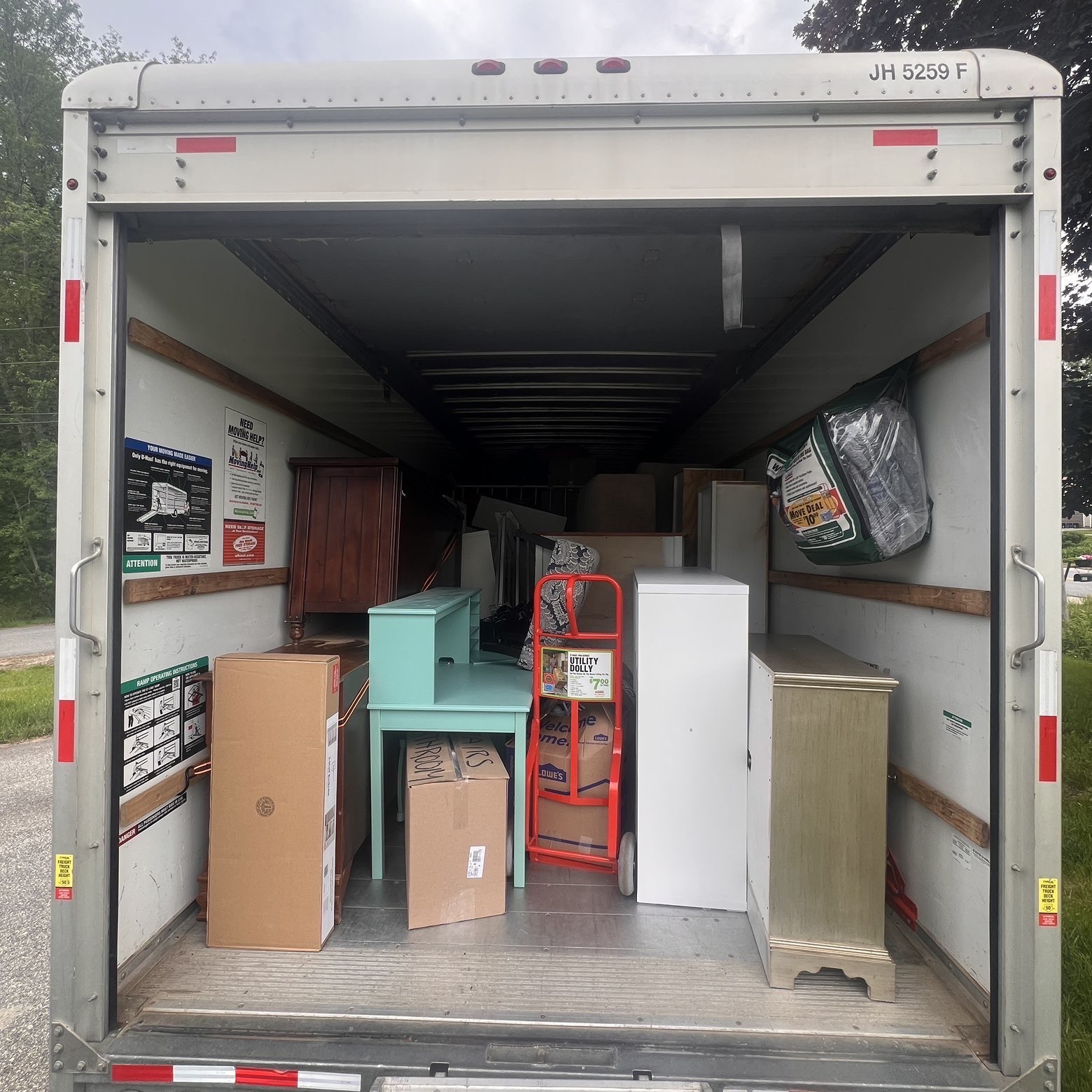 Furniture organized in the back of the truck